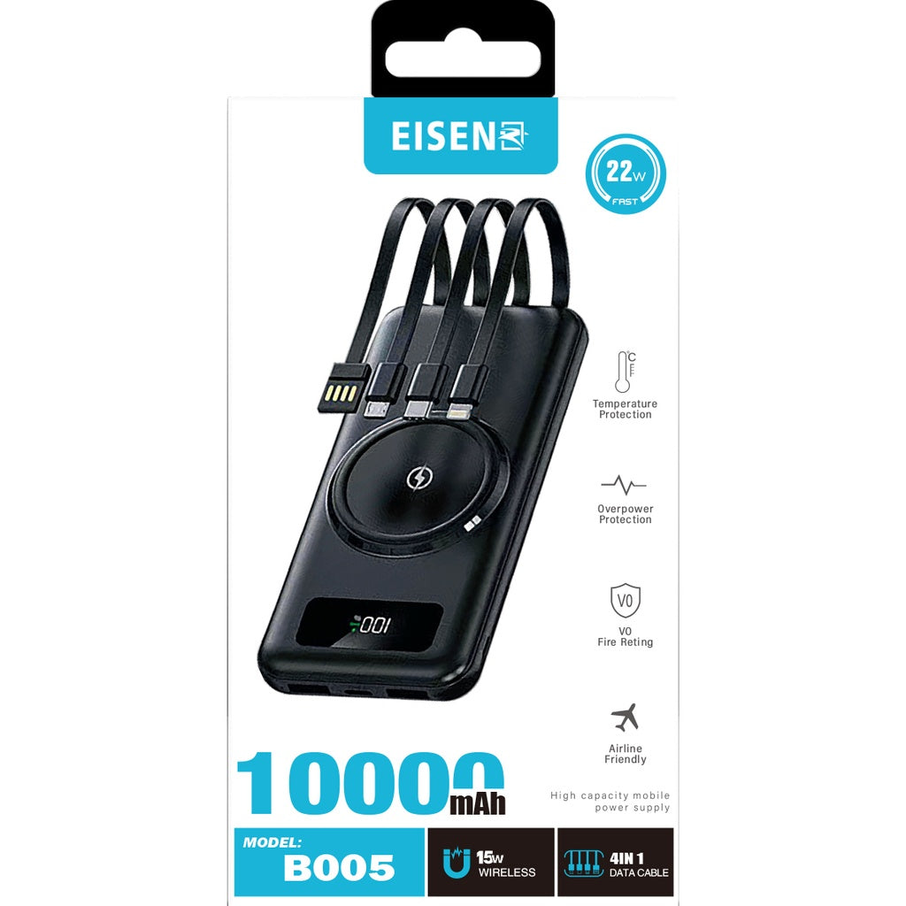 Eisenz 10,000mAh Wireless Magnetic Powerbank with 4-in-1 Data Cable - EZ-PB005